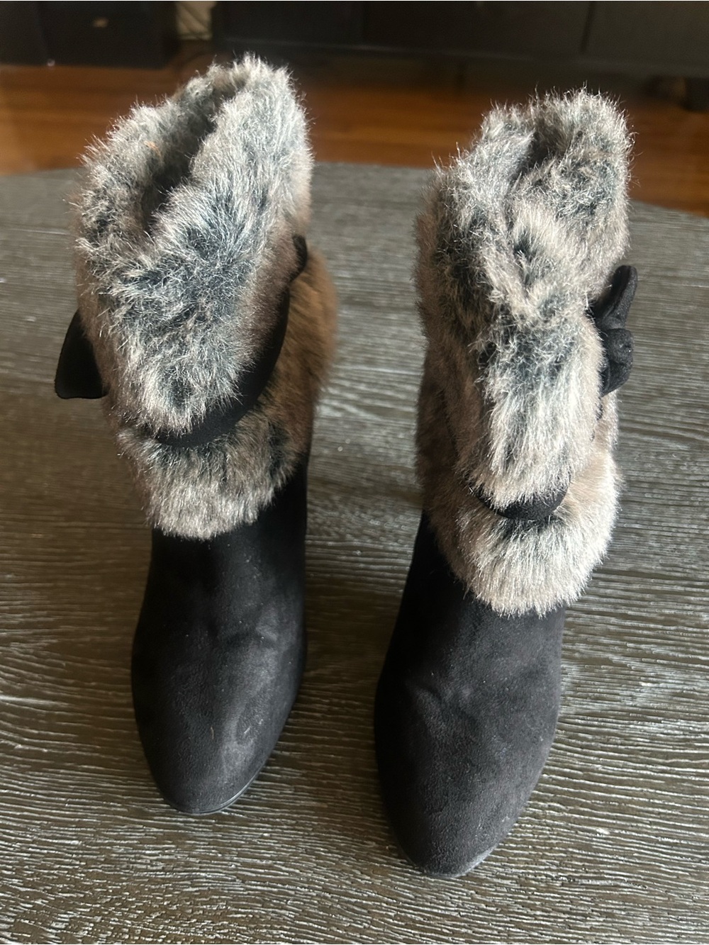 Impo Black Ankle Boots with Gray-Cream Faux Fur Cuff